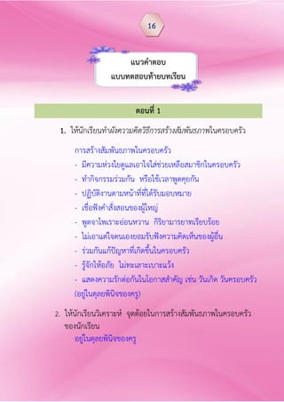 แนวคำตอบ
แบบทดสอบท้ำยบทเรียน
ตอนที่ 1
1. ให้นักเรียนทาผังความคิดวิธีการสร้างสัมพันธภาพในครอบครัว
การสร้างสัมพันธภาพในครอบครัว
- มีความห่วงใยดูแลเอาใจใส่ช่วยเหลือสมาชิกในครอบครัว
- ทากิจกรรมร่วมกัน หรือใช้เวลาพูดคุยกัน
- ปฏิบัติงานตามหน้าที่ที่ได้รับมอบหมาย
- เชื่อฟังคาสั่งสอนของผู้ใหญ่
- พูดจาไพเราะอ่อนหวาน กิริยามารยาทเรียบร้อย
- ไม่เอาแต่ใจตนเองยอมรับฟังความคิดเห็นของผู้อื่น
- ร่วมกันแก้ปัญหาที่เกิดขึ้นในครอบครัว
- รู้จักให้อภัย ไม่ทะเลาะเบาะแว้ง
- แสดงความรักต่อกันในโอกาสสาคัญ เช่น วันเกิด วันครอบครัว
(อยู่ในดุลยพินิจของครู)
2. ให้นักเรียนวิเคราะห์ จุดด้อยในการสร้างสัมพันธภาพในครอบครัว
ของนักเรียน
อยู่ในดุลยพินิจของครู
16
 
