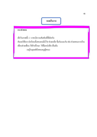 52
เฉลยใบงาน
แนวคาตอบ
เด็กในภาพทั้ง 2 ภาพ มีความสัมพันธ์ที่ดีต่อกัน
สังเกตได้จาก นักเรียนทั้งสองคนมีน้าใจ ช่วยเหลือ ซึ่งกันและกัน เช่น ช่วยสอนการบ้าน
เพื่อนช่วยเพื่อน ให้คาปรึกษา ให้ยืมหนังสือ เป็นต้น
(อยู่ในดุลยพินิจของครูผู้สอน)
 