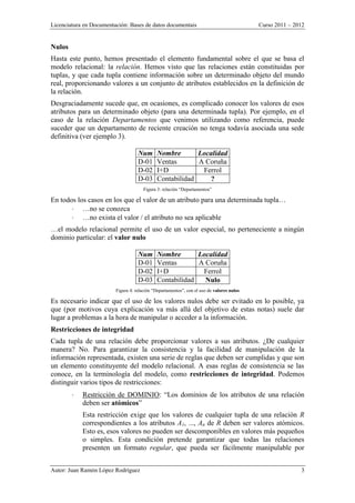 Licenciatura en Documentación: Bases de datos documentais Curso 2011 – 2012
Autor: Juan Ramón López Rodríguez 3
Nulos
Hasta este punto, hemos presentado el elemento fundamental sobre el que se basa el
modelo relacional: la relación. Hemos visto que las relaciones están constituidas por
tuplas, y que cada tupla contiene información sobre un determinado objeto del mundo
real, proporcionando valores a un conjunto de atributos establecidos en la definición de
la relación.
Desgraciadamente sucede que, en ocasiones, es complicado conocer los valores de esos
atributos para un determinado objeto (para una determinada tupla). Por ejemplo, en el
caso de la relación Departamentos que venimos utilizando como referencia, puede
suceder que un departamento de reciente creación no tenga todavía asociada una sede
definitiva (ver ejemplo 3).
Num Nombre Localidad
D-01 Ventas A Coruña
D-02 I+D Ferrol
D-03 Contabilidad ?
Figura 3: relación “Departamentos”
En todos los casos en los que el valor de un atributo para una determinada tupla…
 …no se conozca
 …no exista el valor / el atributo no sea aplicable
…el modelo relacional permite el uso de un valor especial, no perteneciente a ningún
dominio particular: el valor nulo
Num Nombre Localidad
D-01 Ventas A Coruña
D-02 I+D Ferrol
D-03 Contabilidad Nulo
Figura 4: relación “Departamentos”, con el uso de valores nulos
Es necesario indicar que el uso de los valores nulos debe ser evitado en lo posible, ya
que (por motivos cuya explicación va más allá del objetivo de estas notas) suele dar
lugar a problemas a la hora de manipular o acceder a la información.
Restricciones de integridad
Cada tupla de una relación debe proporcionar valores a sus atributos. ¿De cualquier
manera? No. Para garantizar la consistencia y la facilidad de manipulación de la
información representada, existen una serie de reglas que deben ser cumplidas y que son
un elemento constituyente del modelo relacional. A esas reglas de consistencia se las
conoce, en la terminología del modelo, como restricciones de integridad. Podemos
distinguir varios tipos de restricciones:
 Restricción de DOMINIO: “Los dominios de los atributos de una relación
deben ser atómicos”
Esta restricción exige que los valores de cualquier tupla de una relación R
correspondientes a los atributos A1, ..., An de R deben ser valores atómicos.
Esto es, esos valores no pueden ser descomponibles en valores más pequeños
o simples. Esta condición pretende garantizar que todas las relaciones
presenten un formato regular, que pueda ser fácilmente manipulable por
 