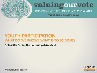 YOUTH PARTICIPATION
WHAT DO WE KNOW? WHAT IS TO BE DONE?
Dr Jennifer Curtin, The University of Auckland
Wellington, New Zealand
 