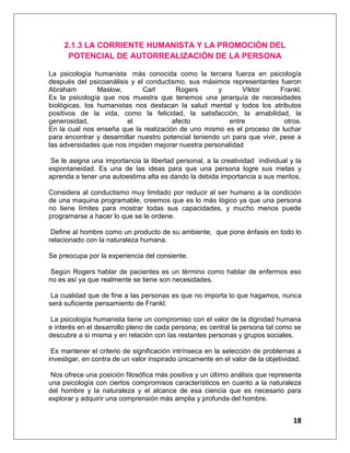 18
2.1.3 LA CORRIENTE HUMANISTA Y LA PROMOCIÓN DEL
POTENCIAL DE AUTORREALIZACIÓN DE LA PERSONA
La psicología humanista más conocida como la tercera fuerza en psicología
después del psicoanálisis y el conductismo, sus máximos representantes fueron
Abraham Maslow, Carl Rogers y Viktor Frankl.
Es la psicología que nos muestra que tenemos una jerarquía de necesidades
biológicas. los humanistas nos destacan la salud mental y todos los atributos
positivos de la vida, como la felicidad, la satisfacción, la amabilidad, la
generosidad, el afecto entre otros.
En la cual nos enseña que la realización de uno mismo es el proceso de luchar
para encontrar y desarrollar nuestro potencial teniendo un para que vivir, pese a
las adversidades que nos impiden mejorar nuestra personalidad
Se le asigna una importancia la libertad personal, a la creatividad individual y la
espontaneidad. Es una de las ideas para que una persona logre sus metas y
aprenda a tener una autoestima alta es dando la debida importancia a sus meritos.
Considera al conductismo muy limitado por reducir al ser humano a la condición
de una maquina programable, creemos que es lo más lógico ya que una persona
no tiene límites para mostrar todas sus capacidades, y mucho menos puede
programarse a hacer lo que se le ordene.
Define al hombre como un producto de su ambiente, que pone énfasis en todo lo
relacionado con la naturaleza humana.
Se preocupa por la experiencia del consiente.
Según Rogers hablar de pacientes es un término como hablar de enfermos eso
no es así ya que realmente se tiene son necesidades.
La cualidad que de fine a las personas es que no importa lo que hagamos, nunca
será suficiente pensamiento de Frankl.
La psicología humanista tiene un compromiso con el valor de la dignidad humana
e interés en el desarrollo pleno de cada persona; es central la persona tal como se
descubre a sí misma y en relación con las restantes personas y grupos sociales.
Es mantener el criterio de significación intrínseca en la selección de problemas a
investigar, en contra de un valor inspirado únicamente en el valor de la objetividad.
Nos ofrece una posición filosófica más positiva y un último análisis que representa
una psicología con ciertos compromisos característicos en cuanto a la naturaleza
del hombre y la naturaleza y el alcance de esa ciencia que es necesario para
explorar y adquirir una comprensión más amplia y profunda del hombre.
 