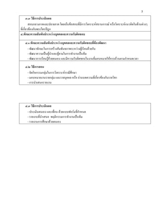 5
๓.๓ วิธีการประเมินผล
สอบกลางภาคและปลายภาค โดยเนนขอสอบที่มีการวิเคราะหสถานการณ หรือวิเคราะหแนวคิดในดานตางๆ
ที่เกี่ยวของกับพระไตรปฎก
๔.ทักษะความสัมพันธระหวางบุคคลและความรับผิดชอบ
๔.๑ ทักษะความสัมพันธระหวางบุคคลและความรับผิดชอบที่ตองพัฒนา
- พัฒนาทักษะในการสรางสัมพันธภาพระหวางผูเรียนดวยกัน
- พัฒนาความเปนผูนําและผูตามในการทํางานเปนทีม
- พัฒนาการเรียนรูดวยตนเอง และมีความรับผิดชอบในงานที่มอบหมายใหครบถวนตามกําหนดเวลา
๔.๒ วิธีการสอน
- จัดกิจกรรมกลุมในการวิเคราะหกรณีศึกษา
- มอบหมายงานรายกลุม และรายบุคคล หรือ อานบทความที่เกี่ยวของกับรายวิชา
- การนําเสนอรายงาน
๔.๓ วิธีการประเมินผล
- ประเมินตนเอง และเพื่อน ดวยแบบฟอรมที่กําหนด
- รายงานที่นําเสนอ พฤติกรรมการทํางานเปนทีม
- รายงานการศึกษาดวยตนเอง
 