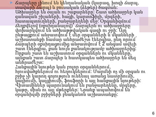6
 Ճարպերը լինում են կենդանական (կարագ, խոզի ճարպ,
տավարի ճարպ) և բուսական (ձեթեր) ծագման:
Ածխաջրեր են օսլան ու շաքարները: Շատ ածխաջրեր կան
զանազան շիլաների, հացի, կարտոֆիլի, մրգերի,
հատապտուղների, բանջարեղենի մեջ: Օրգանիզմում
ճեղքվելով (օքսիդանալով)` ճարպերն ու ածխաջրերը
փոխարկվում են ածխաթթվական գազի ու ջրի: Այդ
ընթացքում անջատվում է մեր օրգանների և մկանների
աշխատանքի համար անհրաժեշտ էներգիա, ընդ որում՝
ճարպերի օքսիդացումից անջատվում է 2 անգամ ավելի
շատ էներգիա, քան նույն քանակությամբ ածխաջրերից:
Որքան շատ են աշխատում օրգաններն ու մկանները,
այնքան շատ ճարպեր և հատկապես ածխաջրեր են մեզ
անհրաժեշտ:
Հանքային նյութեր կան բոլոր օրգաններում,
հյուսվածքներում ու հեղուկներում: Մարմնի ոչ մի օրգան ու
բջիջ չի կարող գոյություն ունենալ առանց նատրիումի,
կալիումի, կալցիումի, ֆոսֆորի և այլ հանքային նյութերի:
Վիտամիններ պարունակում են բանջարեղենը, մրգերը,
կաթը, միսն ու այլ մթերքներ: Նրանք ապահովում են
օրգանիզմի բջիջների բնականոն աշխատանքը:
 