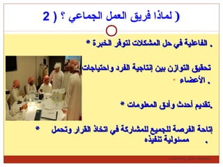 Learning gets respect…
) ‫؟‬ ‫الجماعي‬ ‫العمل‬ ‫فريق‬ ‫لماذا‬2 )
** ‫الخبرة‬ ‫لتوفر‬ ‫المشكلت‬ ‫حل‬ ‫في‬ ‫الفاعلية‬‫الخبرة‬ ‫لتوفر‬ ‫المشكلت‬ ‫حل‬ ‫في‬ ‫الفاعلية‬ ..
• ‫واحتياجات‬ ‫الفرد‬ ‫إتنتاجية‬ ‫بين‬ ‫التوازن‬ ‫تحقيق‬‫واحتياجات‬ ‫الفرد‬ ‫إتنتاجية‬ ‫بين‬ ‫التوازن‬ ‫تحقيق‬
• ‫العضاء‬‫العضاء‬ ..
** ‫المعلومات‬ ‫وأدق‬ ‫أحدث‬ ‫تقديم‬‫المعلومات‬ ‫وأدق‬ ‫أحدث‬ ‫تقديم‬..
** ‫وتحمل‬ ‫القرار‬ ‫اتخاذ‬ ‫في‬ ‫للمشاركة‬ ‫للجميع‬ ‫الفرصة‬ ‫إتاحة‬‫وتحمل‬ ‫القرار‬ ‫اتخاذ‬ ‫في‬ ‫للمشاركة‬ ‫للجميع‬ ‫الفرصة‬ ‫إتاحة‬
‫تنفيذه‬ ‫مسئولية‬‫تنفيذه‬ ‫مسئولية‬ ..
 
