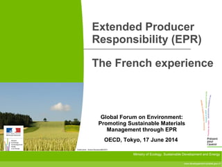www.developpement-durable.gouv.fr
Ministry of Ecology, Sustainable Development and Energy
Crédit photo : Arnaud Bouissou/MEDDTL
Extended Producer
Responsibility (EPR)
The French experience
Global Forum on Environment:
Promoting Sustainable Materials
Management through EPR
OECD, Tokyo, 17 June 2014
 