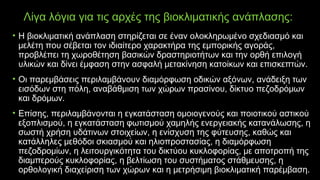 Λίγα λόγια για τις αρχές της βιοκλιματικής ανάπλασης:
• Η βιοκλιματική ανάπλαση στηρίζεται σε έναν ολοκληρωμένο σχεδιασμό και
μελέτη που σέβεται τον ιδιαίτερο χαρακτήρα της εμπορικής αγοράς,
προβλέπει τη χωροθέτηση βασικών δραστηριοτήτων και την ορθή επιλογή
υλικών και δίνει έμφαση στην ασφαλή μετακίνηση κατοίκων και επισκεπτών.
• Οι παρεμβάσεις περιλαμβάνουν διαμόρφωση οδικών αξόνων, ανάδειξη των
εισόδων στη πόλη, αναβάθμιση των χώρων πρασίνου, δίκτυο πεζοδρόμων
και δρόμων.
• Επίσης, περιλαμβάνονται η εγκατάσταση ομοιογενούς και ποιοτικού αστικού
εξοπλισμού, η εγκατάσταση φωτισμού χαμηλής ενεργειακής κατανάλωσης, η
σωστή χρήση υδάτινων στοιχείων, η ενίσχυση της φύτευσης, καθώς και
κατάλληλες μεθόδοι σκιασμού και ηλιοπροστασίας, η διαμόρφωση
πεζοδρομίων, η λειτουργικότητα του δικτύου κυκλοφορίας, με αποτροπή της
διαμπερούς κυκλοφορίας, η βελτίωση του συστήματος στάθμευσης, η
ορθολογική διαχείριση των χώρων και η μετρήσιμη βιοκλιματική παρέμβαση.
 