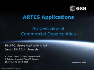ESA UNCLASSIFIED – For Official Use
ARTES Applications
An Overview of
Commercial Opportunities
BELSPO, Space Applications WS
June 19th 2014, Brussels
A. Ginati (Head of TIA-A Department)
F. Feliciani (Head of TIA-APC Section)
ESA-TIAA-HO-2014-0260
ESA UNCLASSIFIED – For Official Use
 