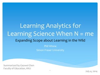 Learning Analytics for
Learning Science When N = me
Phil Winne
Simon Fraser University
Expanding Scope about Learning in the Wild
Summarized by Gaowei Chen
Faculty of Education, HKU
July 4, 20141
 