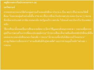 พฤติกรรมการรับประทานอาหาร (6)
 บทวิเคราะห์
 การทบทวนรายงานวิจัยในกลุ่มความอ้วนของนักศึกษาจานวน 6 เรื่อง พบว่า เป็นรายงานวิจัยที่
ศึกษา ในขนาดกลุ่มตัวอย่างทั้งสิ้น 4796 คน เป็นการศึกษาในประเทศเลบานอน จานวน 2 รายงาน
ที่เหลือจากประเทศบราซิล ออสเตรเลีย สหรัฐอเมริกา เยอรมัน โปแลนด์และบัลกาเรีย ประเทศละ 1
ฉบับ
 วิธีการศึกษาทั้งหมดเป็นการศึกษาภาคตัดขวาง มีการใช้มุมมองสังคมการตลาด 1 รายงานเพื่อหากล
ยุทธ์ในการณรงค์ในการเปลี่ยนแปลงพฤติกรรม4 มีรายงานศึกษาสิ่งแวดล้อมคือหอพักนักศึกษาที่เป็น
แหล่งอาหารของนักศึกษามหาวิทยาลัย1 รายงาน2 มีรายงานเกี่ยวกับนิสัยการบริโภคอาหาร1
แรงจูงใจต่อการเลือกอาหาร4 ความสัมพันธ์กับสุขภาพจิต5 และการควบคุมน้าหนัก6 อย่างละ 1
รายงาน
 
