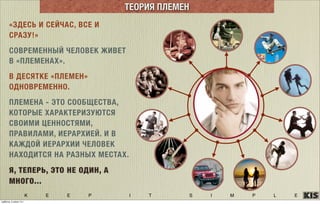 K E E P I T S I M P L E
ТЕОРИЯ ПЛЕМЕН
«ЗДЕСЬ И СЕЙЧАС, ВСЕ И
СРАЗУ!»
СОВРЕМЕННЫЙ ЧЕЛОВЕК ЖИВЕТ
В «ПЛЕМЕНАХ».
В ДЕСЯТКЕ «ПЛЕМЕН»
ОДНОВРЕМЕННО.
ПЛЕМЕНА - ЭТО СООБЩЕСТВА,
КОТОРЫЕ ХАРАКТЕРИЗУЮТСЯ
СВОИМИ ЦЕННОСТЯМИ,
ПРАВИЛАМИ, ИЕРАРХИЕЙ. И В
КАЖДОЙ ИЕРАРХИИ ЧЕЛОВЕК
НАХОДИТСЯ НА РАЗНЫХ МЕСТАХ.
Я, ТЕПЕРЬ, ЭТО НЕ ОДИН, А
МНОГО...
суббота, 5 июля 14 г.
 