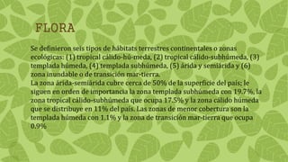 Se definieron seis tipos de hábitats terrestres continentales o zonas
ecológicas: (1) tropical cálido-hú-meda, (2) tropical cálido-subhúmeda, (3)
templada húmeda, (4) templada subhúmeda, (5) árida y semiárida y (6)
zona inundable o de transición mar-tierra.
La zona árida-semiárida cubre cerca de 50% de la superficie del país; le
siguen en orden de importancia la zona templada subhúmeda con 19.7%, la
zona tropical cálido-subhúmeda que ocupa 17.5% y la zona cálido húmeda
que se distribuye en 11% del país. Las zonas de menor cobertura son la
templada húmeda con 1.1% y la zona de transición mar-tierra que ocupa
0.9%
FLORA
 