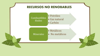 RECURSOS NO RENOBABLES
• Petróleo
• Gas natural
• Carbón
Combustibles
fósiles
• Metálicos
• No metálicosMinerales
 