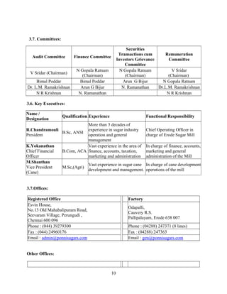 3.7. Committees:
Audit Committee Finance Committee
Securities
Transactions cum
Investors Grievance
Committee
Remuneration
Committee
V Sridar (Chairman)
N Gopala Ratnam
(Chairman)
N Gopala Ratnam
(Chairman)
V Sridar
(Chairman)
Bimal Poddar Bimal Poddar Arun G Bijur N Gopala Ratnam
Dr. L.M. Ramakrishnan Arun G Bijur N. Ramanathan Dr.L.M. Ramakrishnan
N R Krishnan N. Ramanathan N R Krishnan
3.6. Key Executives:
Name /
Designation
Qualification Experience Functional Responsibility
R.Chandramouli
President
B.Sc, ANSI
More than 3 decades of
experience in sugar industry
operation and general
management
Chief Operating Officer in
charge of Erode Sugar Mill
K.Yokanathan
Chief Financial
Officer
B.Com, ACA
Vast experience in the area of
finance, accounts, taxation,
marketing and administration
In charge of finance, accounts,
marketing and general
administration of the Mill
M.Shanthan
Vice President
(Cane)
M.Sc,(Agri)
Vast experience in sugar cane
development and management.
In charge of cane development
operations of the mill
3.7.Offices:
Registered Office Factory
Esvin House,
No.13 Old Mahabalipuram Road,
Seevaram Village, Perungudi ,
Chennai 600 096
Odapalli,
Cauvery R.S.
Pallipalayam, Erode 638 007
Phone : (044) 39279300 Phone : (04288) 247371 (8 lines)
Fax : (044) 24960176 Fax : (04288) 247363
Email : admin@ponnisugars.com Email : gen@ponnisugars.com
Other Offices:
10
 