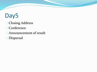 Day5
Closing Address
Conference
Announcement of result
Dispersal
 