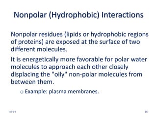 Nonpolar (Hydrophobic) Interactions
Nonpolar residues (lipids or hydrophobic regions
of proteins) are exposed at the surface of two
different molecules.
It is energetically more favorable for polar water
molecules to approach each other closely
displacing the "oily" non-polar molecules from
between them.
o Example: plasma membranes.
Jul-14 16
 