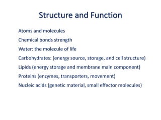 Structure and Function
Atoms and molecules
Chemical bonds strength
Water: the molecule of life
Carbohydrates: (energy sour...