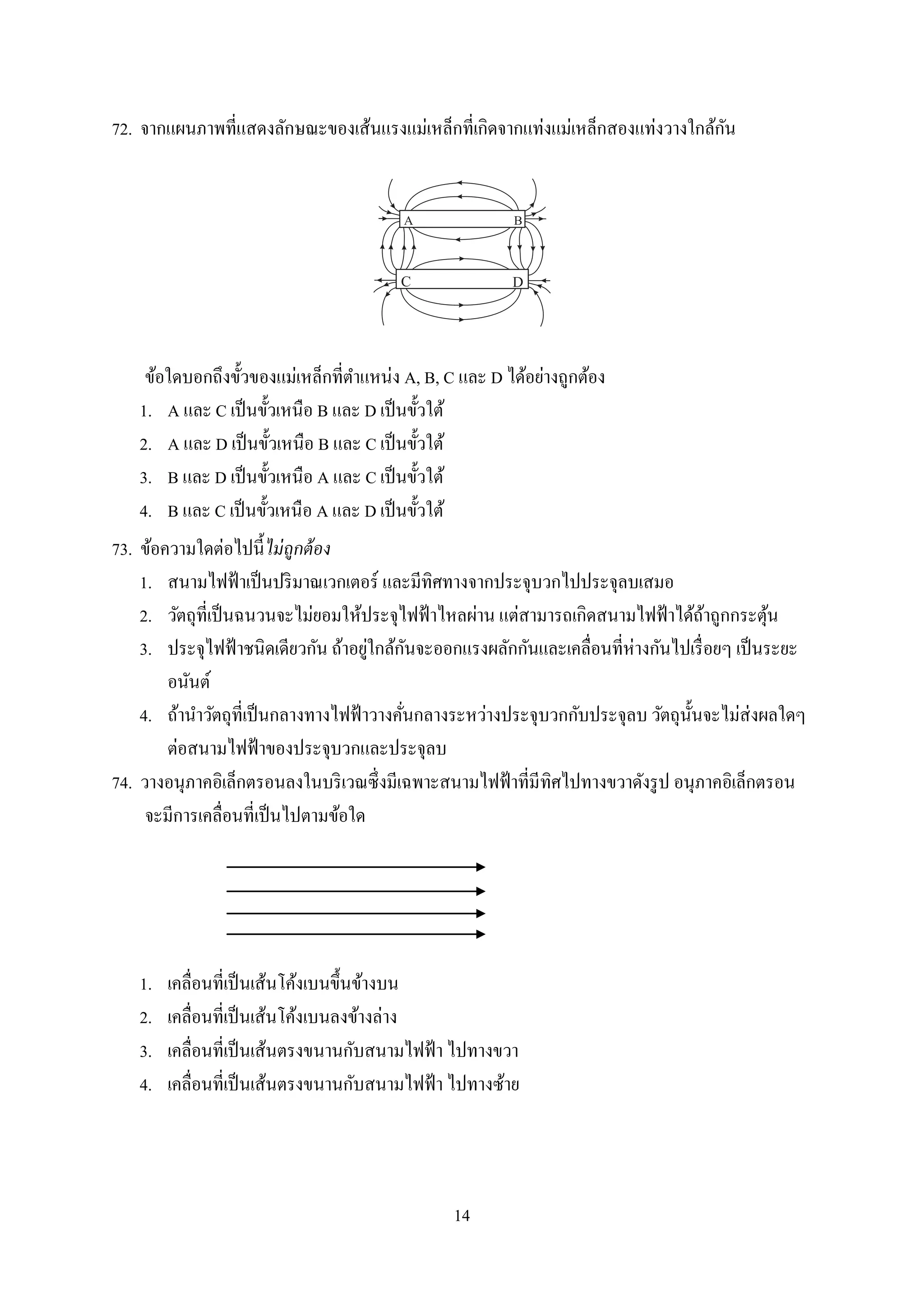 14
72. จำกแผนภำพที่แสดงลักษณะของเส้นแรงแม่เหล็กที่เกิดจำกแท่งแม่เหล็กสองแท่งวำงใกล้กัน
A
C D
B
ข้อใดบอกถึงขั้วของแม่เหล็กที่ตำแหน่ง A, B, C และ D ได้อย่ำงถูกต้อง
1. A และ C เป็นขั้วเหนือ B และ D เป็นขั้วใต้
2. A และ D เป็นขั้วเหนือ B และ C เป็นขั้วใต้
3. B และ D เป็นขั้วเหนือ A และ C เป็นขั้วใต้
4. B และ C เป็นขั้วเหนือ A และ D เป็นขั้วใต้
73. ข้อควำมใดต่อไปนี้ไม่ถูกต้อง
1. สนำมไฟฟ้ำเป็นปริมำณเวกเตอร์ และมีทิศทำงจำกประจุบวกไปประจุลบเสมอ
2. วัตถุที่เป็นฉนวนจะไม่ยอมให้ประจุไฟฟ้ำไหลผ่ำน แต่สำมำรถเกิดสนำมไฟฟ้ำได้ถ้ำถูกกระตุ้น
3. ประจุไฟฟ้ำชนิดเดียวกัน ถ้ำอยู่ใกล้กันจะออกแรงผลักกันและเคลื่อนที่ห่ำงกันไปเรื่อยๆ เป็นระยะ
อนันต์
4. ถ้ำนำวัตถุที่เป็นกลำงทำงไฟฟ้ำวำงคั่นกลำงระหว่ำงประจุบวกกับประจุลบ วัตถุนั้นจะไม่ส่งผลใดๆ
ต่อสนำมไฟฟ้ำของประจุบวกและประจุลบ
74. วำงอนุภำคอิเล็กตรอนลงในบริเวณซึ่งมีเฉพำะสนำมไฟฟ้ำที่มีทิศไปทำงขวำดังรูป อนุภำคอิเล็กตรอน
จะมีกำรเคลื่อนที่เป็นไปตำมข้อใด
1. เคลื่อนที่เป็นเส้นโค้งเบนขึ้นข้ำงบน
2. เคลื่อนที่เป็นเส้นโค้งเบนลงข้ำงล่ำง
3. เคลื่อนที่เป็นเส้นตรงขนำนกับสนำมไฟฟ้ำ ไปทำงขวำ
4. เคลื่อนที่เป็นเส้นตรงขนำนกับสนำมไฟฟ้ำ ไปทำงซ้ำย
 