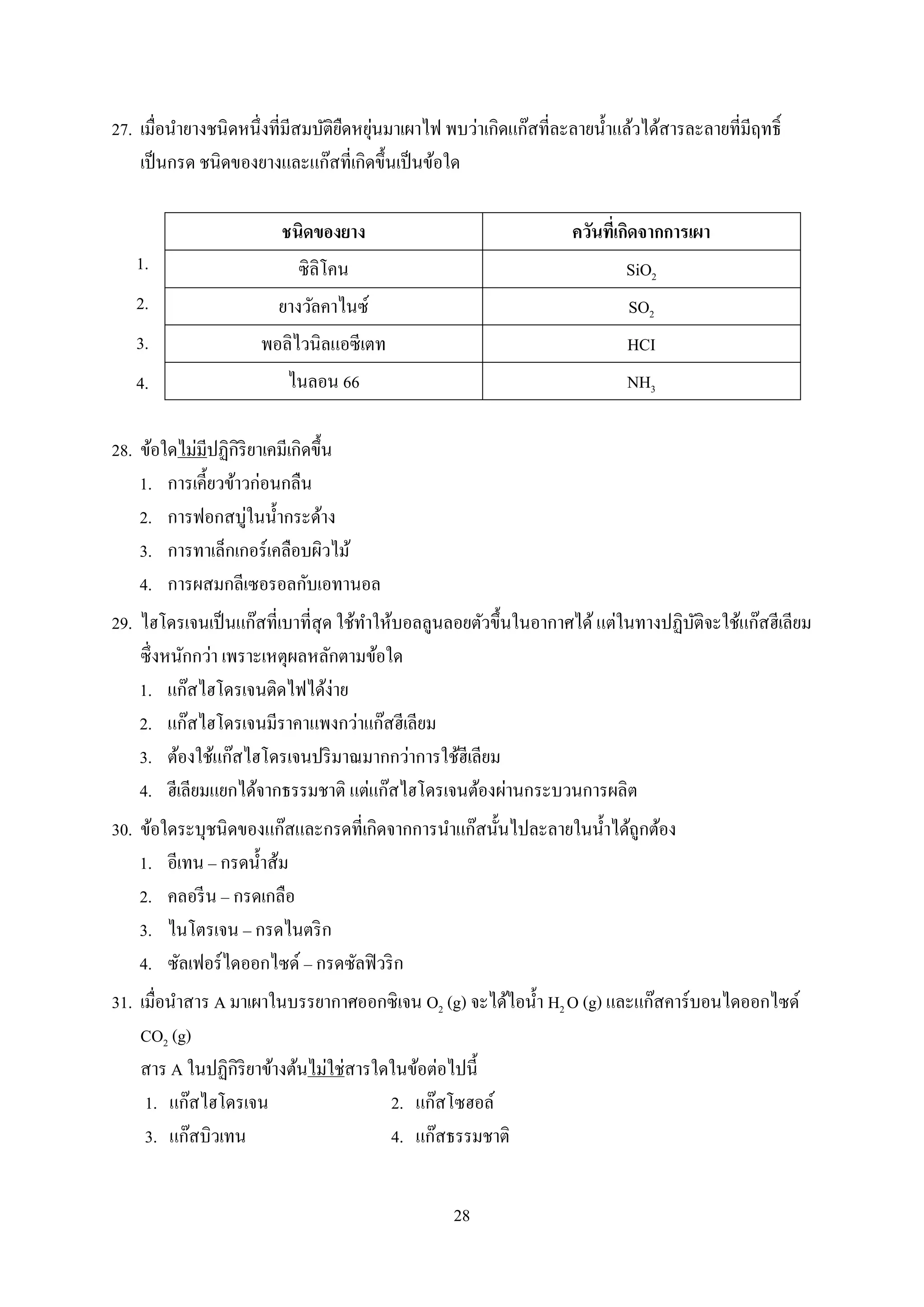 28
27. เมื่อนำยำงชนิดหนึ่งที่มีสมบัติยืดหยุ่นมำเผำไฟ พบว่ำเกิดแก๊สที่ละลำยน้ำแล้วได้สำรละลำยที่มีฤทธิ์
เป็นกรด ชนิดของยำงและแก๊สที่เกิดขึ้นเป็นข้อใด
1.
2.
3.
4.
28. ข้อใดไม่มีปฏิกิริยำเคมีเกิดขึ้น
1. กำรเคี้ยวข้ำวก่อนกลืน
2. กำรฟอกสบู่ในน้ำกระด้ำง
3. กำรทำเล็กเกอร์เคลือบผิวไม้
4. กำรผสมกลีเซอรอลกับเอทำนอล
29. ไฮโดรเจนเป็นแก๊สที่เบำที่สุด ใช้ทำให้บอลลูนลอยตัวขึ้นในอำกำศได้แต่ในทำงปฏิบัติจะใช้แก๊สฮีเลียม
ซึ่งหนักกว่ำ เพรำะเหตุผลหลักตำมข้อใด
1. แก๊สไฮโดรเจนติดไฟได้ง่ำย
2. แก๊สไฮโดรเจนมีรำคำแพงกว่ำแก๊สฮีเลียม
3. ต้องใช้แก๊สไฮโดรเจนปริมำณมำกกว่ำกำรใช้ฮีเลียม
4. ฮีเลียมแยกได้จำกธรรมชำติ แต่แก๊สไฮโดรเจนต้องผ่ำนกระบวนกำรผลิต
30. ข้อใดระบุชนิดของแก๊สและกรดที่เกิดจำกกำรนำแก๊สนั้นไปละลำยในน้ำได้ถูกต้อง
1. อีเทน – กรดน้ำส้ม
2. คลอรีน – กรดเกลือ
3. ไนโตรเจน – กรดไนตริก
4. ซัลเฟอร์ไดออกไซด์ – กรดซัลฟิวริก
31. เมื่อนำสำร A มำเผำในบรรยำกำศออกซิเจน O2 (g) จะได้ไอน้ำ H2 O (g) และแก๊สคำร์บอนไดออกไซด์
CO2 (g)
สำร A ในปฏิกิริยำข้ำงต้นไม่ใช่สำรใดในข้อต่อไปนี้
1. แก๊สไฮโดรเจน 2. แก๊สโซฮอล์
3. แก๊สบิวเทน 4. แก๊สธรรมชำติ
ชนิดของยาง ควันที่เกิดจากการเผา
ซิลิโคน SiO2
ยำงวัลคำไนซ์ SO2
พอลิไวนิลแอซีเตท HCI
ไนลอน 66 NH3
 