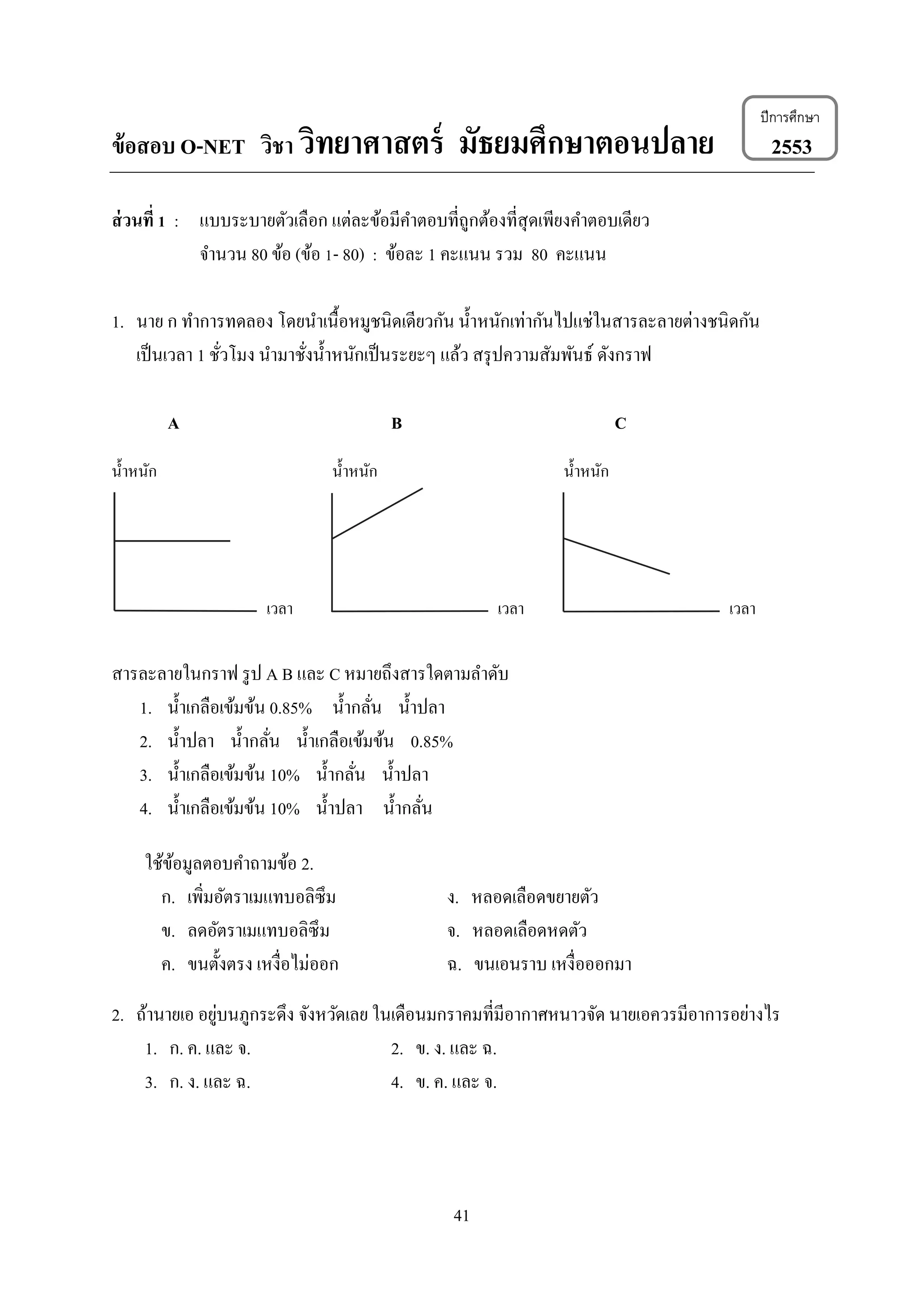 41
ข้อสอบ O-NET วิชา วิทยาศาสตร์ มัธยมศึกษาตอนปลาย 2553
ส่วนที่ 1 : แบบระบำยตัวเลือก แต่ละข้อมีคำตอบที่ถูกต้องที่สุดเพียงคำตอบเดียว
จำนวน 80 ข้อ (ข้อ 1- 80) : ข้อละ 1 คะแนน รวม 80 คะแนน
1. นำย ก ทำกำรทดลอง โดยนำเนื้อหมูชนิดเดียวกัน น้ำหนักเท่ำกันไปแช่ในสำรละลำยต่ำงชนิดกัน
เป็นเวลำ 1 ชั่วโมง นำมำชั่งน้ำหนักเป็นระยะๆ แล้ว สรุปควำมสัมพันธ์ ดังกรำฟ
A B C
น้ำหนัก น้ำหนัก น้ำหนัก
เวลำ เวลำ เวลำ
สำรละลำยในกรำฟ รูป A B และ C หมำยถึงสำรใดตำมลำดับ
1. น้ำเกลือเข้มข้น 0.85% น้ำกลั่น น้ำปลำ
2. น้ำปลำ น้ำกลั่น น้ำเกลือเข้มข้น 0.85%
3. น้ำเกลือเข้มข้น 10% น้ำกลั่น น้ำปลำ
4. น้ำเกลือเข้มข้น 10% น้ำปลำ น้ำกลั่น
ใช้ข้อมูลตอบคำถำมข้อ 2.
ก. เพิ่มอัตรำเมแทบอลิซึม ง. หลอดเลือดขยำยตัว
ข. ลดอัตรำเมแทบอลิซึม จ. หลอดเลือดหดตัว
ค. ขนตั้งตรง เหงื่อไม่ออก ฉ. ขนเอนรำบ เหงื่อออกมำ
2. ถ้ำนำยเอ อยู่บนภูกระดึง จังหวัดเลย ในเดือนมกรำคมที่มีอำกำศหนำวจัด นำยเอควรมีอำกำรอย่ำงไร
1. ก. ค. และ จ. 2. ข. ง. และ ฉ.
3. ก. ง. และ ฉ. 4. ข. ค. และ จ.
ปีการศึกษา
 