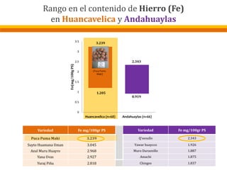 0
0.5
1
1.5
2
2.5
3
3.5
Huancavelica (n=68) Andahuaylas (n=66)
Fe(mg/100gPS)
1.205
2.343
0.919
3.239
(Puca Puma
Maki)
Variedad Fe mg/100gr PS Variedad Fe mg/100gr PS
Puca Puma Maki 3.239 Q'oesullo 2.343
Suyto Huamana Uman 3.045 Yawar huaycco 1.926
Azul Muru Huayro 2.968 Muro Duraznillo 1.887
Yana Uvas 2.927 Amachi 1.875
Yuraj Piña 2.818 Chingos 1.837
Rango en el contenido de Hierro (Fe)
en Huancavelica y Andahuaylas
 