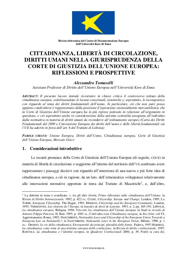 Tomaselli Alessandro, Cittadinanza, libertà di circolazione, diritti … Tomaselli Alessandro, Cittadinanza, libertà di circolazione, diritti …