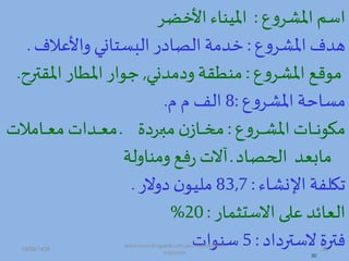 ‫ع‬‫ه‬‫املشر‬ ‫اسم‬:‫األخضر‬ ‫امليماء‬
‫ع‬‫ه‬‫املشر‬ ‫همف‬:‫ف‬ ‫هاألع‬ ‫البستادا‬ ‫ر‬ ‫ا‬ ‫ال‬ ‫خممة‬.
‫ع‬‫ه‬‫املشر‬ ‫موهص‬:‫ممدا‬ ‫ه‬ ‫ممطقة‬,‫املق‬ ‫املطار‬ ‫جوار‬‫ترح‬.
‫ع‬‫ه‬‫املشر‬ ‫مساحة‬:8‫الف‬‫د‬‫د‬.
‫ع‬‫ه‬‫در‬‫د‬‫د‬‫د‬‫ش‬‫امل‬ ‫دات‬‫د‬‫د‬‫د‬ ‫مكو‬:‫ة‬ ‫در‬‫د‬‫د‬‫د‬‫ب‬‫م‬ ‫ن‬‫داز‬‫د‬‫د‬‫د‬‫خ‬‫م‬‫د‬‫ت‬ ‫دام‬‫د‬‫د‬‫د‬‫ع‬‫م‬ ‫دمات‬‫د‬‫د‬‫د‬‫ع‬‫م‬
‫مابعم‬‫ا‬ ‫ادح‬‫د‬‫همماهلة‬ ‫فص‬‫ر‬ ‫آالت‬
‫اإلدشاء‬ ‫تكلفة‬:83,7‫هالر‬ ‫ن‬‫مليو‬.
‫االستثمار‬ ‫على‬ ‫العائم‬:20%
‫ا‬ ‫الستر‬ ‫فترة‬:5‫سموات‬
30
19/09/1435 30
www.ioion.blogspot.com,youricebox@hot
mail.com
 