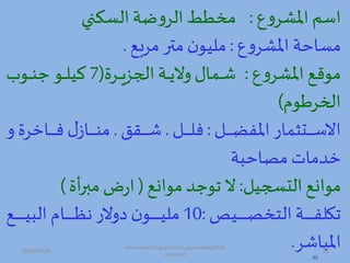 ‫ع‬‫ه‬‫املشر‬ ‫اسم‬:‫ن‬ ‫الس‬ ‫ة‬ ‫ه‬‫الر‬ ‫مخطط‬
‫ع‬‫ه‬‫املشر‬ ‫مساحة‬:‫مربص‬ ‫متر‬ ‫ن‬‫مليو‬.
‫ع‬‫ه‬‫املشر‬ ‫موهص‬:‫درة‬‫د‬‫د‬‫د‬‫ي‬‫اد،ز‬ ‫دة‬‫د‬‫د‬‫د‬ ‫هال‬ ‫دمال‬‫د‬‫د‬‫د‬‫ش‬(7‫دوب‬‫د‬‫د‬‫د‬‫م‬‫ج‬ ‫دو‬‫د‬‫د‬‫د‬‫ل‬‫كي‬
‫ادخرطود‬)
‫د‬‫د‬‫د‬‫د‬‫د‬‫د‬‫د‬‫د‬‫ض‬‫املف‬ ‫دتثمار‬‫د‬‫د‬‫د‬‫د‬‫د‬‫د‬‫د‬‫س‬‫اال‬:‫د‬‫د‬‫د‬‫د‬‫د‬‫د‬‫د‬‫د‬‫ل‬‫ف‬.‫دقق‬‫د‬‫د‬‫د‬‫د‬‫د‬‫د‬‫د‬‫ش‬.‫داخرة‬‫د‬‫د‬‫د‬‫د‬‫د‬‫د‬‫د‬‫ف‬ ‫ل‬‫داز‬‫د‬‫د‬‫د‬‫د‬‫د‬‫د‬‫د‬‫م‬‫م‬‫ه‬
‫احبة‬ ‫م‬‫خممات‬
‫التس،ي‬ ‫موادص‬:‫موادص‬ ‫توجم‬ ‫ال‬(‫أة‬‫ر‬‫مب‬ ‫ض‬‫ر‬‫ا‬)
‫دي‬‫د‬‫د‬‫د‬‫د‬‫د‬‫د‬‫د‬‫د‬‫د‬‫د‬ ‫التخ‬ ‫دة‬‫د‬‫د‬‫د‬‫د‬‫د‬‫د‬‫د‬‫د‬‫د‬‫د‬‫ف‬‫تكل‬:10‫دص‬‫د‬‫د‬‫د‬‫د‬‫د‬‫د‬‫د‬‫د‬‫د‬‫د‬‫ي‬‫الب‬ ‫داد‬‫د‬‫د‬‫د‬‫د‬‫د‬‫د‬‫د‬‫د‬‫د‬‫د‬‫ظ‬ ‫هالر‬ ‫ن‬‫دو‬‫د‬‫د‬‫د‬‫د‬‫د‬‫د‬‫د‬‫د‬‫د‬‫د‬‫ي‬‫مل‬
‫املباشر‬.
33
19/09/1435 33
www.ioion.blogspot.com,youricebox@hot
mail.com
 