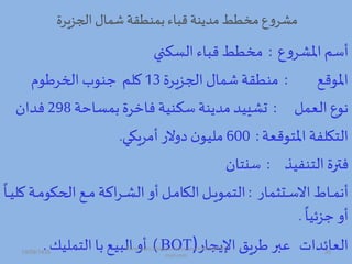‫اد،زيرة‬ ‫شمال‬ ‫تممطقة‬ ‫هباء‬ ‫مة‬ ‫مم‬ ‫مخطط‬‫ع‬‫ه‬‫مشر‬
‫ع‬‫ه‬‫املشر‬ ‫أسم‬:‫ن‬ ‫الس‬ ‫هباء‬ ‫مخطط‬
‫املوهص‬:‫اد،زيرة‬ ‫شمال‬ ‫ممطقة‬13‫ادخرطود‬ ‫جموب‬ ‫لم‬
‫العم‬ ‫وع‬:‫تمساحة‬ ‫فاخرة‬ ‫مية‬ ‫س‬ ‫مة‬ ‫مم‬ ‫تشييم‬298‫فمان‬
‫املتوهعة‬ ‫التكلفة‬:600‫أمريكا‬ ‫هالر‬ ‫ن‬‫مليو‬.
‫التمفيذ‬ ‫فترة‬:‫ساتان‬
‫دتثمار‬‫د‬‫د‬‫س‬‫اال‬ ‫داو‬‫د‬‫د‬‫م‬ ‫أ‬:‫دة‬‫د‬‫د‬‫م‬‫ادحكو‬ ‫دص‬‫د‬‫د‬‫م‬ ‫اكة‬‫ر‬‫د‬‫د‬‫د‬‫ش‬‫ال‬ ‫أه‬ ‫د‬‫د‬‫د‬‫م‬‫الكا‬ ‫د‬‫د‬‫د‬‫ي‬‫التمو‬‫دا‬‫د‬‫د‬‫ي‬‫ل‬
‫جزئيا‬ ‫أه‬.
‫جار‬ ‫اإل‬ ‫طريق‬ ‫عبر‬ ‫العائمات‬BOT))‫البيص‬ ‫أه‬‫تا‬‫التمليش‬.19/09/1435 35
www.ioion.blogspot.com,youricebox@hot
mail.com
 