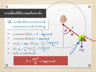 การเคลื่อนที่เป็นวงกลมในแนวดิ่ง
 การเคลื่อนที่ของวงกลมในแนวดิ่ง
แตกต่างจากแนวระดับ คือ มีค่า g
• แรงตามแนวรัศมี 𝑭 𝒄 = 𝑻 − 𝒎𝒈 cos 𝜽
• แรงตามแนวสัมผัส 𝑭 𝑻 = 𝒎𝒈 sin 𝜽
• จาก 𝑭 𝒄 = 𝒎𝒂 𝒄 ได้ว่า 𝒂 𝒄 =
𝑭 𝒄
𝒎
=
𝑻−𝒎𝒈 cos 𝜽
𝒎
• เมื่อ 𝒂 𝒄 =
𝒗 𝟐
𝑹
ได้ว่า 𝒗 𝟐
𝑹
=
𝑻−𝒎𝒈 cos 𝜽
𝒎
• ดังนั้น ความตึกเชือกคือ
q
𝑚𝑔
𝑇
𝑻 =
𝒎𝒗 𝟐
𝑹
+ 𝒎𝒈 cos 𝜽
𝑹
 