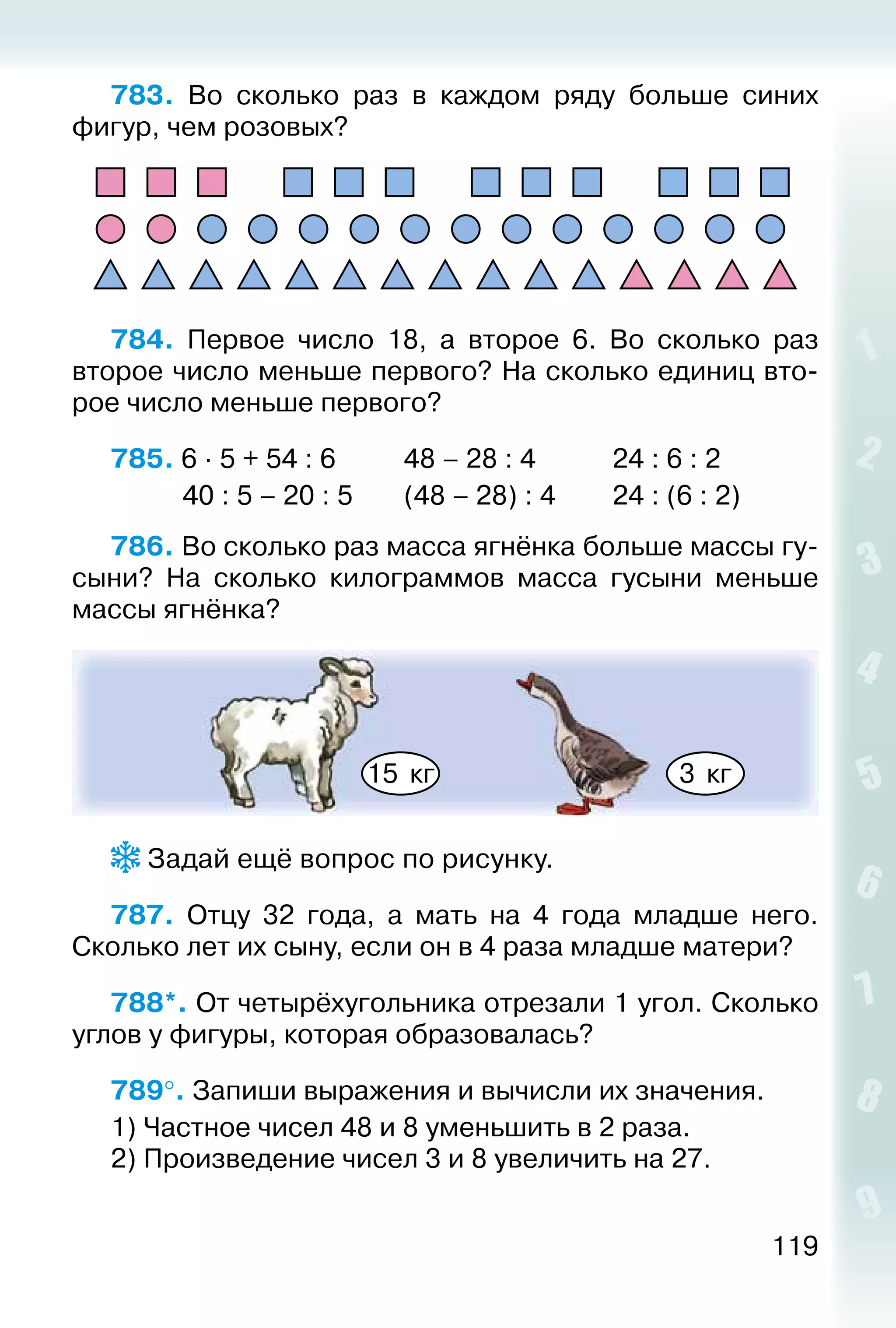 119
783.  Во сколько раз в каждом ряду больше синих
фигур, чем розовых?
784.  Первое число 18, а второе 6. Во сколько раз
второе число меньше первого? На сколько единиц вто­
рое число меньше первого?
785. 6 ∙ 5 + 54 : 6			 48 – 28 : 4				 24 : 6 : 2
			 40 : 5 – 20 : 5		 (48 – 28) : 4			 24 : (6 : 2)
786. Во сколько раз масса ягнёнка больше массы гу­
сыни? На сколько килограммов масса гусыни меньше
массы ягнёнка?
15 кг 3 кг
 Задай ещё вопрос по рисунку.
787.  Отцу 32 года, а мать на 4 года младше него.
Сколько лет их сыну, если он в 4 раза младше матери?
788*. От четырёх­угольника отрезали 1 угол. Сколько
углов у фигуры, которая образовалась?
789°. Запиши выражения и вычисли их значения.
1) Частное чисел 48 и 8 уменьшить в 2 раза.
2) Произведение чисел 3 и 8 увеличить на 27.
 