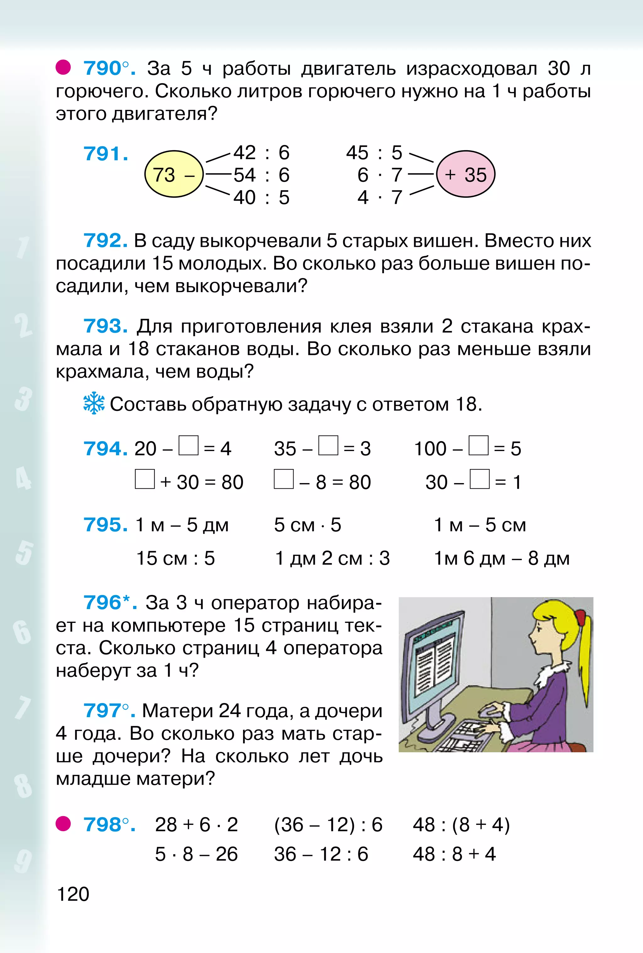 120
790°.  За 5 ч работы двигатель израсходовал 30 л
горю­чего. Сколько литров горючего нужно на 1 ч работы
этого двигателя?
791. 
+ 35
45 : 5
6 . 7
4 . 7
73 –
42 : 6
54 : 6
40 : 5
792. В саду выкорчевали 5 старых вишен. Вместо них
посадили 15 молодых. Во сколько раз больше вишен по­
садили, чем выкорчевали?
793. Для приготовления клея взяли 2 стакана крах­
мала и 18 стаканов воды. Во сколько раз меньше взяли
крахмала, чем воды?
 Составь обратную задачу с ответом 18.
794. 20 – = 4			 35 – = 3			 100 – = 5
			 + 30 = 80		 – 8 = 80			  30 – = 1
795. 1 м – 5 дм			 5 см ⋅ 5					 1 м – 5 см 	
			 15 см : 5			 1 дм 2 см : 3			 1м 6 дм – 8 дм
796*. За 3 ч оператор набира­
ет на компьютере 15 страниц тек­
ста. Сколько страниц 4 оператора
наберут за 1 ч?
797°. Матери 24 года, а дочери
4 года. Во сколько раз мать стар­
ше дочери? На сколько лет дочь
младше матери?
798°.	 28 + 6 ∙ 2		 (36 – 12) : 6		 48 : (8 + 4)
				 5 ∙ 8 – 26		 36 – 12 : 6			 48 : 8 + 4
 
