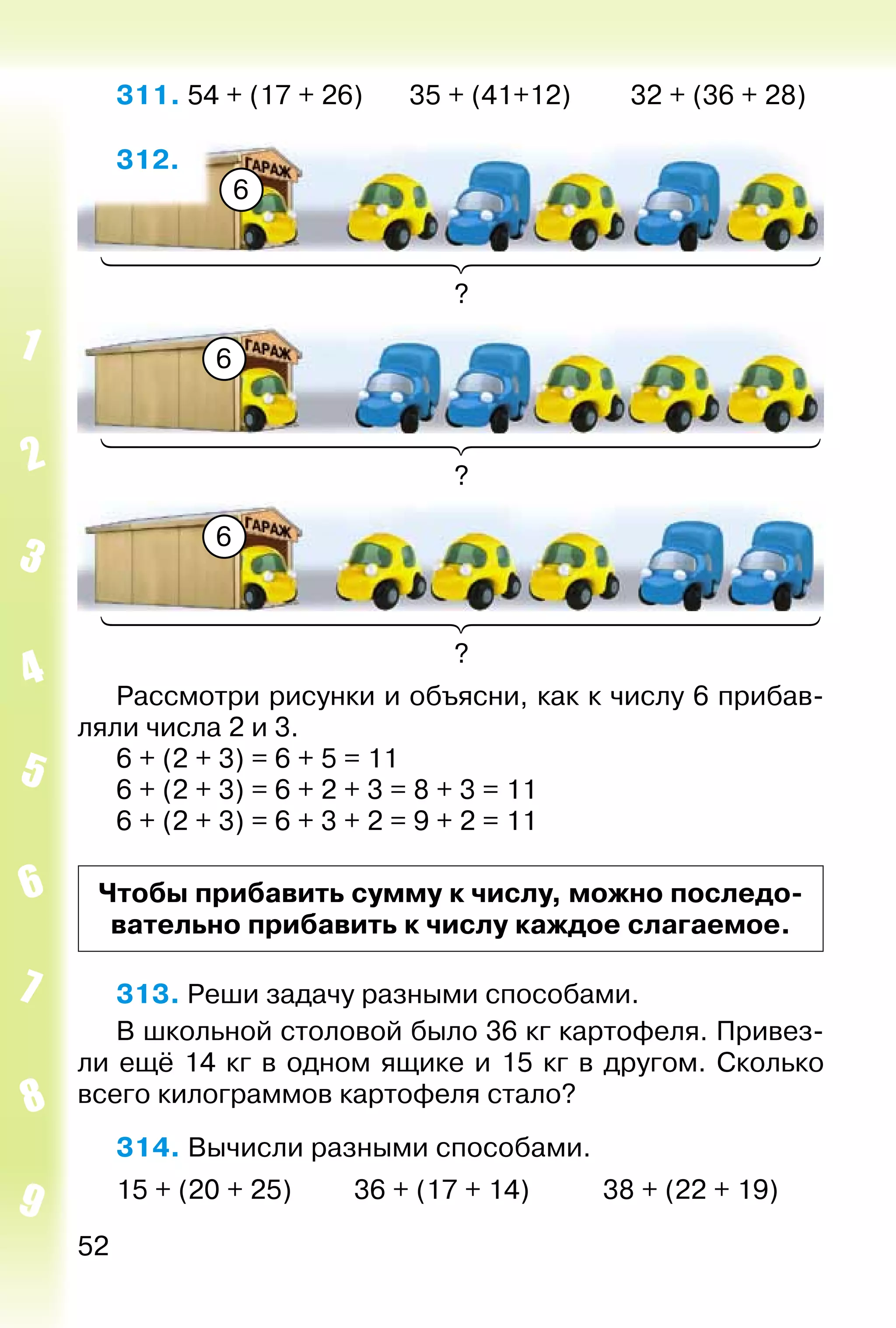 52
311. 54 + (17 + 26)		 35 + (41+12)			 32 + (36 + 28)
312.
?
6
?
6
?
6
Рассмотри рисунки и объясни, как к числу 6 прибав­
ляли числа 2 и 3.
6 + (2 + 3) = 6 + 5 = 11
6 + (2 + 3) = 6 + 2 + 3 = 8 + 3 = 11
6 + (2 + 3) = 6 + 3 + 2 = 9 + 2 = 11
Чтобы прибавить сумму к числу, можно последо­
вательно прибавить к числу каждое слагаемое.
313. Реши задачу разными способами.
В школьной столовой было 36 кг картофеля. Привез­
ли ещё 14 кг в одном ящике и 15 кг в другом. Сколько
всего килограммов картофеля стало?
314. Вычисли разными способами.
15 + (20 + 25)			 36 + (17 + 14)			 38 + (22 + 19)
 