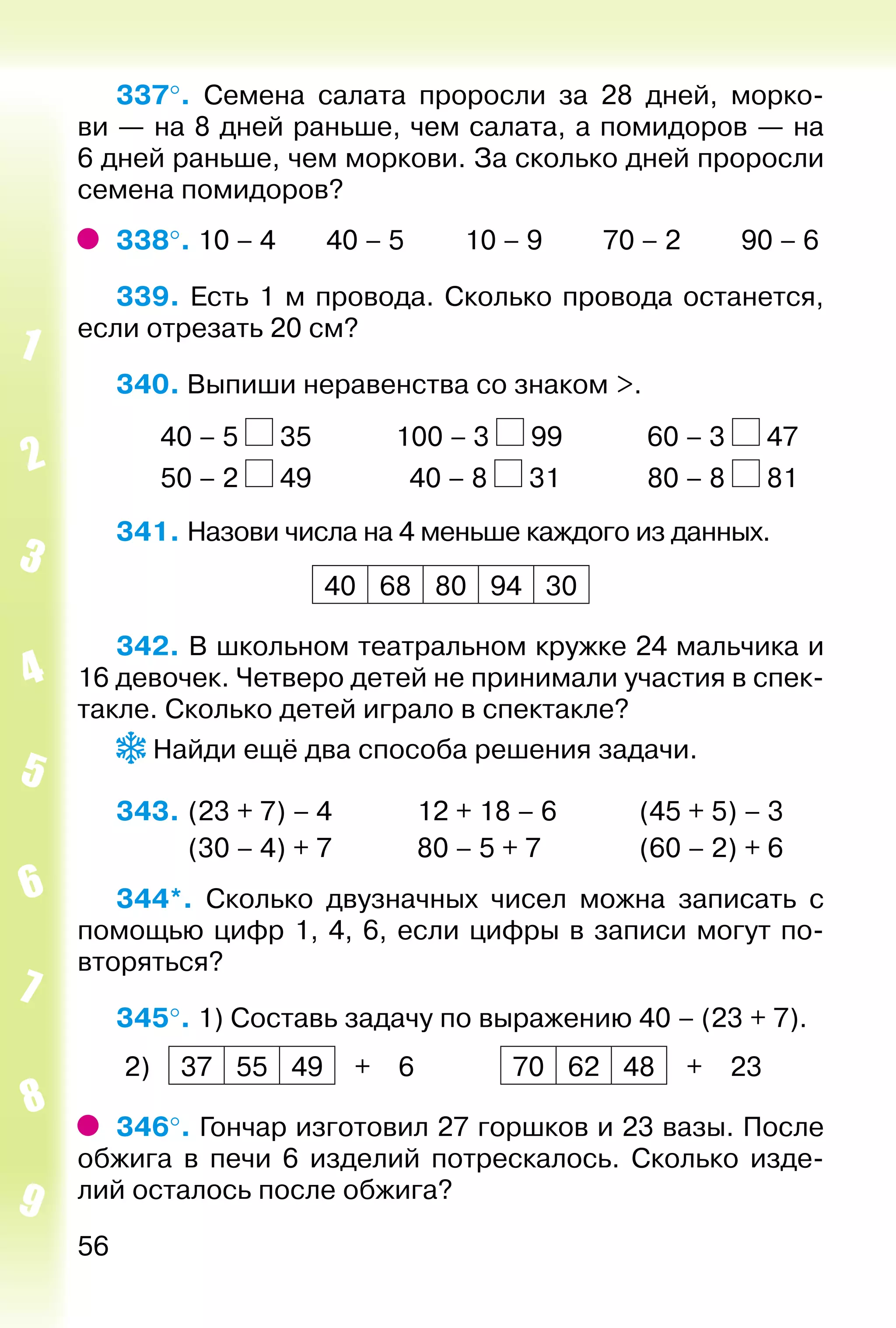 56
337°.  Семена салата проросли за 28 дней, морко­
ви — на 8 дней раньше, чем салата, а помидоров — на
6 дней раньше, чем моркови. За сколько дней проросли
семена помидоров?
338°. 10 – 4		 40 – 5			 10 – 9			 70 – 2			 90 – 6
339. Есть 1 м провода. Сколько провода останется,
если отрезать 20 см?
340. Выпиши неравенства со знаком >.
		 40 – 5 35				 100 – 3 99				 60 – 3 47
		 50 – 2 49				 40 – 8 31				 80 – 8 81
341. Назови числа на 4 меньше каждого из данных.
40 68 80 94 30
342. В школьном театральном кружке 24 мальчика и
16 девочек. Четверо детей не принимали участия в спек­
такле. Сколько детей играло в спектакле?
Найди ещё два способа решения задачи.
343. 	(23 + 7) – 4				12 + 18 – 6			 (45 + 5) – 3
			 (30 – 4) + 7				80 – 5 + 7				 (60 – 2) + 6
344*.  Сколько двузначных чисел можна записать с
помощью цифр 1, 4, 6, если цифры в записи могут по­
вторяться?
345°. 1) Составь задачу по выражению 40 – (23 + 7).
2) 37 55 49 + 6 70 62 48 + 23
346°. Гончар изготовил 27 горшков и 23 вазы. После
обжига в печи 6 изделий потрескалось. Сколько изде­
лий осталось после обжига?
 