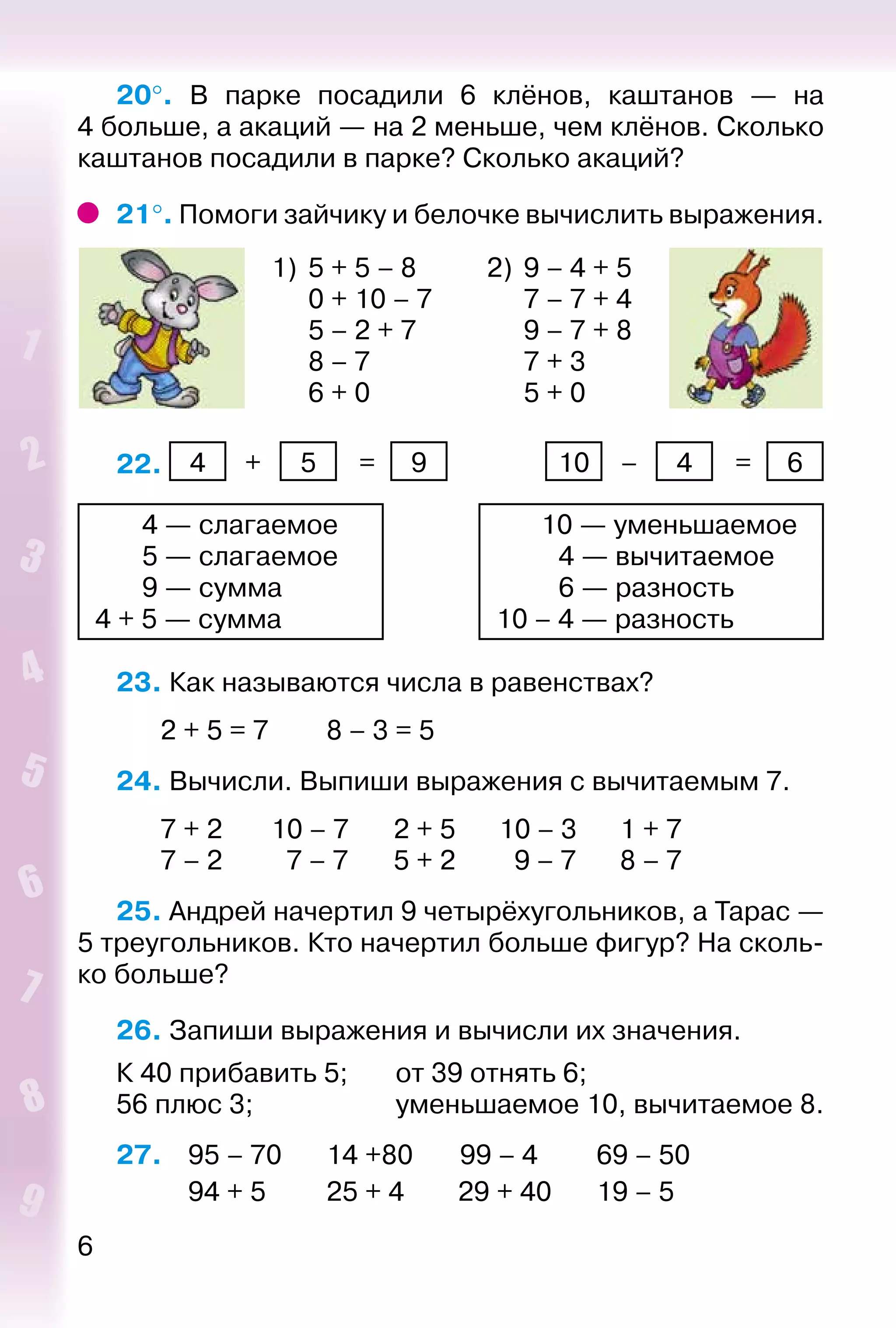 6
20°.  В парке посадили 6 клёнов, каштанов  — на
4 больше, а акаций — на 2 меньше, чем клёнов. Сколько
каштанов посадили в парке? Сколько акаций?
21°. Помоги зайчику и белочке вычислить выражения.
1) 5 + 5 – 8
0 + 10 – 7
5 – 2 + 7
8 – 7
6 + 0
2) 9 – 4 + 5
7 – 7 + 4
9 – 7 + 8
7 + 3
5 + 0
22.  4 + 5 = 9 10 – 4 = 6
	 4 — слагаемое
	 5 — слагаемое
	 9 — сумма
4 + 5 — сумма
	 10 — уменьшаемое
		 4 — вычитаемое
		 6 — разность
10 – 4 — разность
23. Как называются числа в равенствах?
		 2 + 5 = 7			 8 – 3 = 5
24. Вычисли. Выпиши выражения с вычитаемым 7.
		 7 + 2		 10 – 7			 2 + 5		 10 – 3		 1 + 7
		 7 – 2		 7 – 7			 5 + 2		 9 – 7	 8 – 7
25. Андрей начертил 9 четырёхугольников, а Тарас —
5 треугольников. Кто начертил больше фигур? На сколь­
ко больше?
26. Запиши выражения и вычисли их значения.
К 40 прибавить 5;			 от 39 отнять 6;
56 плюс 3;						 уменьшаемое 10, вычитаемое 8.
27. 	 95 – 70		 14 +80		 99 – 4			 69 – 50
			 94 + 5			 25 + 4			 29 + 40		 19 – 5
 