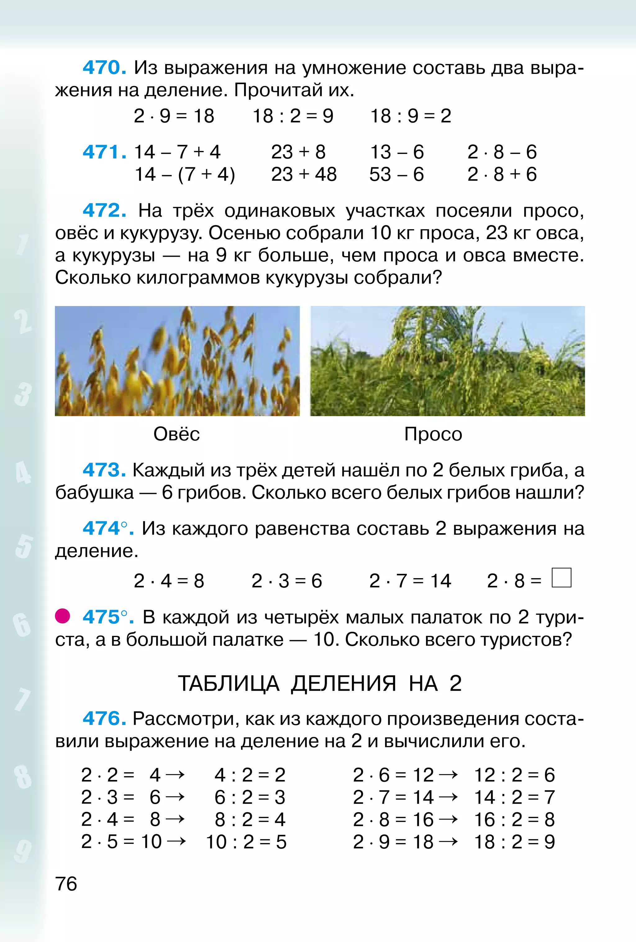 76
470. Из выражения на умножение составь два выра­
жения на деление. Прочитай их.
			 2 ⋅ 9 = 18		 18 : 2 = 9		 18 : 9 = 2
471. 14 – 7 + 4			 23 + 8			 13 – 6			 2 ⋅ 8 – 6
			 14 – (7 + 4)		 23 + 48		 53 – 6			 2 ⋅ 8 + 6
472.  На трёх одинаковых участках посеяли просо,
овёс и кукурузу. Осенью собрали 10 кг проса, 23 кг овса,
а кукурузы — на 9 кг больше, чем проса и овса вместе.
Сколько килограммов кукурузы собрали?
	 Овёс	 Просо
473. Каждый из трёх детей нашёл по 2 белых гриба, а
бабушка — 6 грибов. Сколько всего белых грибов нашли?
474°. Из каждого равенства составь 2 выражения на
деление.
			 2 ∙ 4 = 8			 2 ∙ 3 = 6			 2 ∙ 7 = 14		 2 ∙ 8 =
475°. В каждой из четырёх малых палаток по 2 тури­
ста, а в большой палатке — 10. Сколько всего туристов?
ТАБЛИЦА ДЕЛЕНИЯ НА 2
476. Рассмотри, как из каждого произведения соста­
вили выражение на деление на 2 и вычислили его.
2 ⋅ 2 = 4
2 ⋅ 3 = 6
2 ⋅ 4 = 8
2 ⋅ 5 = 10
4 : 2 = 2
6 : 2 = 3
8 : 2 = 4
10 : 2 = 5
2 ⋅ 6 = 12
2 ⋅ 7 = 14
2 ⋅ 8 = 16
2 ⋅ 9 = 18
12 : 2 = 6
14 : 2 = 7
16 : 2 = 8
18 : 2 = 9
 
