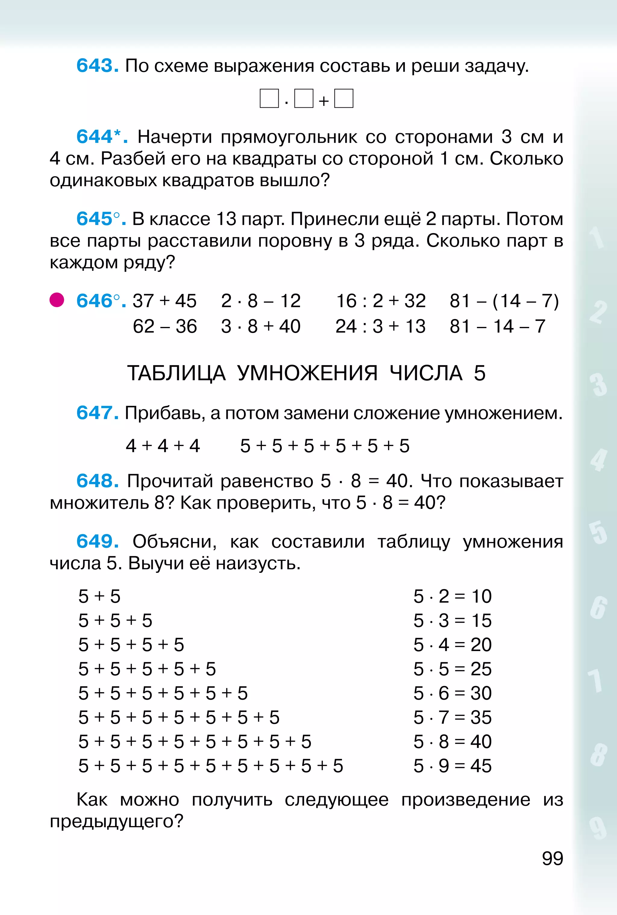 99
643. По схеме выражения составь и реши задачу.
∙ +
644*.  Начерти прямоугольник со сторонами 3 см и
4 см. Разбей его на квадраты со стороной 1 см. Сколько
одинаковых квадратов вышло?
645°. В классе 13 парт. Принесли ещё 2 парты. Потом
все парты расставили поровну в 3 ряда. Сколько парт в
каждом ряду?
646°. 37 + 45		 2 ∙ 8 – 12		 16 : 2 + 32		 81 – (14 – 7)
			  62 – 36		 3 ∙ 8 + 40		 24 : 3 + 13		 81 – 14 – 7
ТАБЛИЦА УМНОЖЕНИЯ ЧИСЛА 5
647. Прибавь, а потом замени сложение умножением.
			 4 + 4 + 4			 5 + 5 + 5 + 5 + 5 + 5
648. Прочитай равенство 5 ∙ 8 = 40. Что показывает
множитель 8? Как проверить, что 5 ∙ 8 = 40?
649.  Объясни, как составили таблицу умножения
числа 5. Выучи её наизусть.
5 + 5
5 + 5 + 5
5 + 5 + 5 + 5
5 + 5 + 5 + 5 + 5
5 + 5 + 5 + 5 + 5 + 5
5 + 5 + 5 + 5 + 5 + 5 + 5
5 + 5 + 5 + 5 + 5 + 5 + 5 + 5
5 + 5 + 5 + 5 + 5 + 5 + 5 + 5 + 5
5 ⋅ 2 = 10
5 ⋅ 3 = 15
5 ⋅ 4 = 20
5 ⋅ 5 = 25
5 ⋅ 6 = 30
5 ⋅ 7 = 35
5 ⋅ 8 = 40
5 ⋅ 9 = 45
Как можно получить следующее произведение из
предыдущего?
 