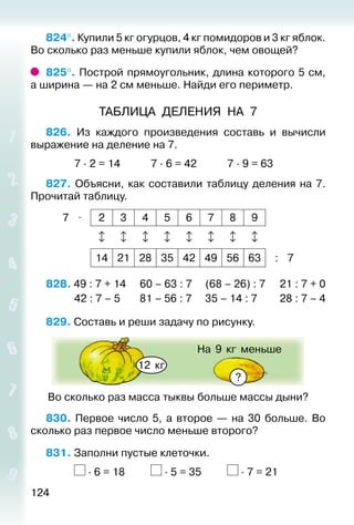 124
824°. Купили 5 кг огурцов, 4 кг помидоров и 3 кг яблок.
Во сколько раз меньше купили яблок, чем овощей?
825°. Построй прямоугольник, длина которого 5 см,
а ширина — на 2 см меньше. Найди его периметр.
ТАБЛИЦА ДЕЛЕНИЯ НА 7
826.  Из каждого произведения составь и вычисли
выражение на деление на 7.
			 7 · 2 = 14			 7 · 6 = 42			 7 · 9 = 63
827. Объясни, как составили таблицу деления на 7.
Прочитай таблицу.
7 ⋅ 2 3 4 5 6 7 8 9
       
14 21 28 35 42 49 56 63 : 7
828. 49 : 7 + 14		 60 – 63 : 7		 (68 – 26) : 7	 21 : 7 + 0
						 42 : 7 – 5				 81 – 56 : 7			 35 – 14 : 7			 28 : 7 – 4
829. Составь и реши задачу по рисунку.
12 кг
?
На 9 кг меньше
Во сколько раз масса тыквы больше массы дыни?
830.  Первое число 5, а второе  — на 30 больше. Во
сколько раз первое число меньше второго?
831. Заполни пустые клеточки.
			 · 6 = 18			 · 5 = 35			 · 7 = 21
 