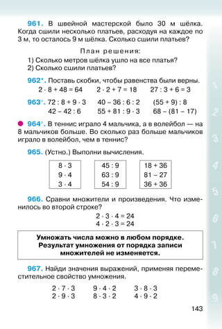 143
961.  В швейной мастерской было 30  м шёлка.
Когда сшили несколько платьев, расходуя на каждое по
3 м, то осталось 9 м шёлка. Сколько сшили платьев?
Пла н ре шения:
1) Сколько метров шёлка ушло на все платья?
2) Сколько сшили платьев?
962*. Поставь скобки, чтобы равенства были верны.
		 2 ∙ 8 + 48 = 64			 2 ∙ 2 + 7 = 18			27 : 3 + 6 = 3
963°. 72 : 8 + 9 ∙ 3		 40 – 36 : 6 : 2			 (55 + 9) : 8
			 42 – 42 : 6		 55 + 81 : 9 · 3		 68 – (81 – 17)
964°. В теннис играло 4 мальчика, а в волейбол — на
8 мальчиков больше. Во сколько раз больше мальчиков
играло в волейбол, чем в теннис?
965. (Устно.) Выполни вычисления.
8 ∙ 3 45 : 9 18 + 36
9 ∙ 4 63 : 9 81 – 27
3 ∙ 4 54 : 9 36 + 36
966.  Сравни множители и произведения. Что изме­
нилось во второй строке?
2 ∙ 3 ∙ 4 = 24
4 ∙ 2 ∙ 3 = 24
Умножать числа можно в любом порядке.
Результат умножения от порядка записи
множителей не изменяется.
967. Найди значения выражений, применяя переме­
стительное свойство умножения.
				 2 ∙ 7 ∙ 3			 9 ∙ 4 ∙ 2			 3 ∙ 8 ∙ 3
				 2 ∙ 9 ∙ 3			 8 ∙ 3 ∙ 2			 4 ∙ 9 ∙ 2
 