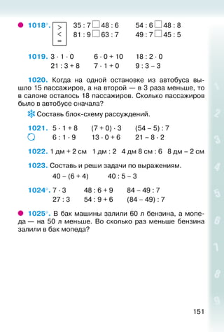 151
1018°.  >
<
=
	 35 : 7 48 : 6			 54 : 6 48 : 8
							 81 : 9 63 : 7			 49 : 7 45 : 5
1019.	3 · 1 · 0			 6 · 0 + 10		 18 : 2 · 0			
				 21 : 3 + 8			 7 · 1 + 0			 9 : 3 – 3
1020. Когда на одной остановке из автобуса вы­
шло 15 пассажиров, а на второй — в 3 раза меньше, то
в салоне осталось 18 пассажиров. Сколько пассажиров
было в автобусе сначала?
Составь блок-схему рассуждений.
1021. 	 5 · 1 + 8		 (7 + 0) · 3		 (54 – 5) : 7
				 6 : 1 · 9			 13 · 0 + 6		 21 – 8 · 2
1022. 1 дм + 2 см 1 дм : 2 4 дм 8 см : 6 8 дм – 2 см
1023. Составь и реши задачи по выражениям.
				 40 – (6 + 4)			 40 : 5 – 3
1024°. 7 · 3				 48 : 6 + 9			 84 – 49 : 7
				 27 : 3		 54 : 9 + 6		 (84 – 49) : 7
1025°. В бак машины залили 60 л бензина, а мопе­
да — на 50 л меньше. Во сколько раз меньше бензина
залили в бак мопеда?
 