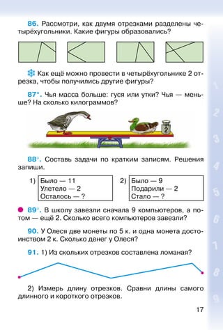 17
86.  Рассмотри, как двумя отрезками разделены че­
тырёхугольники. Какие фигуры образовались?
 Как ещё можно провести в четырёхугольнике 2 от­
резка, чтобы получились другие фигуры?
87*. Чья масса больше: гуся или утки? Чья — мень­
ше? На сколько килограммов?
2
88°.  Составь задачи по кратким записям. Решения
запиши.
1) Было — 11
Улетело — 2
Осталось — ?
2) Было — 9
Подарили — 2
Стало — ?
89°. В школу завезли сначала 9 компьютеров, а по­
том — ещё 2. Сколько всего компьютеров завезли?
90. У Олеся две монеты по 5 к. и одна монета досто­
инством 2 к. Сколько денег у Олеся?
91. 1) Из скольких отрезков составлена ломаная?
2) Измерь длину отрезков. Сравни длины самого
длинного и короткого отрезков.
 