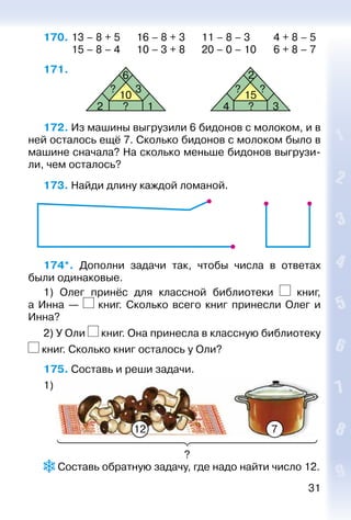 31
170. 	13 – 8 + 5		 16 – 8 + 3		 11 – 8 – 3		 4 + 8 – 5
			 15 – 8 – 4		 10 – 3 + 8		 20 – 0 – 10	 6 + 8 – 7
171. 
10
2
? 3 ? ?
?
6
1 4 ?
2
3
15
172. Из машины выгрузили 6 бидонов с молоком, и в
ней осталось ещё 7. Сколько бидонов с молоком было в
машине сначала? На сколько меньше бидонов выгрузи­
ли, чем осталось?
173. Найди длину каждой ломаной.
174*.  Дополни задачи так, чтобы числа в ответах
были одинаковые.
1) Олег принёс для классной библиотеки книг,
а Инна — книг. Сколько всего книг принесли Олег и
Инна?
2) У Оли книг. Она принесла в классную библиотеку
книг. Сколько книг осталось у Оли?
175. Составь и реши задачи.
1)
?
12 7
?
 Составь обратную задачу, где надо найти число 12.
 