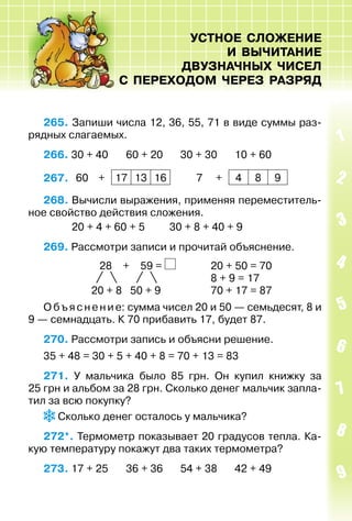УСТНОЕ СЛОЖЕНИЕ
И ВЫЧИТАНИЕ
ДВУЗНАЧНЫХ ЧИСЕЛ
С ПЕРЕХОДОМ ЧЕРЕЗ РАЗРЯД
265. Запиши числа 12, 36, 55, 71 в виде суммы раз­
рядных слагаемых.
266. 30 + 40 60 + 20 30 + 30 10 + 60
267. 60 + 17 13 16 7 + 4 8 9
268. Вычисли выражения, применяя переместитель­
ное свойство действия сложения.
20 + 4 + 60 + 5 30 + 8 + 40 + 9
269. Рассмотри записи и прочитай объяснение.
28 + 59 = 20 + 50 = 70
8 + 9 = 17
20 + 8 50 + 9 70 + 17 = 87
Объяснение: сумма чисел 20 и 50 — семьдесят, 8 и
9 — семнадцать. К 70 прибавить 17, будет 87.
270. Рассмотри запись и объясни решение.
35 + 48 = 30 + 5 + 40 + 8 = 70 + 13 = 83
271. У мальчика было 85 грн. Он купил книжку за
25 грн и альбом за 28 грн. Сколько денег мальчик запла­
тил за всю покупку?
Сколько денег осталось у мальчика?
272*. Термометр показывает 20 градусов тепла. Ка­
кую температуру покажут два таких термометра?
273. 17 + 25 36 + 36 54 + 38 42 + 49
 