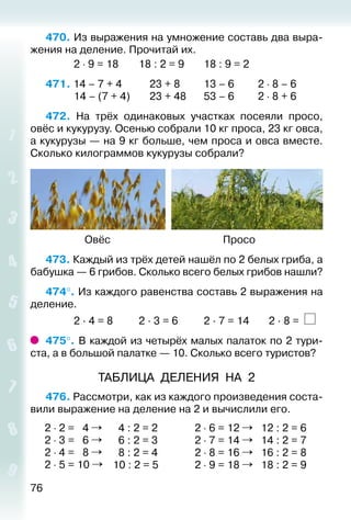 76
470. Из выражения на умножение составь два выра­
жения на деление. Прочитай их.
			 2 ⋅ 9 = 18		 18 : 2 = 9		 18 : 9 = 2
471. 14 – 7 + 4			 23 + 8			 13 – 6			 2 ⋅ 8 – 6
			 14 – (7 + 4)		 23 + 48		 53 – 6			 2 ⋅ 8 + 6
472.  На трёх одинаковых участках посеяли просо,
овёс и кукурузу. Осенью собрали 10 кг проса, 23 кг овса,
а кукурузы — на 9 кг больше, чем проса и овса вместе.
Сколько килограммов кукурузы собрали?
	 Овёс	 Просо
473. Каждый из трёх детей нашёл по 2 белых гриба, а
бабушка — 6 грибов. Сколько всего белых грибов нашли?
474°. Из каждого равенства составь 2 выражения на
деление.
			 2 ∙ 4 = 8			 2 ∙ 3 = 6			 2 ∙ 7 = 14		 2 ∙ 8 =
475°. В каждой из четырёх малых палаток по 2 тури­
ста, а в большой палатке — 10. Сколько всего туристов?
ТАБЛИЦА ДЕЛЕНИЯ НА 2
476. Рассмотри, как из каждого произведения соста­
вили выражение на деление на 2 и вычислили его.
2 ⋅ 2 = 4
2 ⋅ 3 = 6
2 ⋅ 4 = 8
2 ⋅ 5 = 10
4 : 2 = 2
6 : 2 = 3
8 : 2 = 4
10 : 2 = 5
2 ⋅ 6 = 12
2 ⋅ 7 = 14
2 ⋅ 8 = 16
2 ⋅ 9 = 18
12 : 2 = 6
14 : 2 = 7
16 : 2 = 8
18 : 2 = 9
 