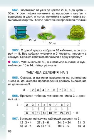 88
562. Расстояние от улья до цветов 20 м, а до куста —
50 м. Утром пчёлка полетела за нектаром к цветам и
вернулась в улей. А потом полетела к кусту и стала со­
бирать нектар там. Какое расстояние пролетела пчёлка?
20 м
50 м
563°. С одной грядки собрали 10 кабачков, а со вто­
рой — 8. Все кабачки уложили в 3 корзины, поровну в
каждую. Сколько кабачков положили в одну корзину?
564°.  Уменьшаемое 50, вычитаемое выражено сум­
мой чисел 10 и 14. Найди разность.
ТАБЛИЦА ДЕЛЕНИЯ НА 3
565.  Составь и вычисли выражения на умножение
числа 3. Из каждого произведения составь выражение
на деление на 3.
3 ⋅ 2 3 4 5 6 7 8 9
566.  Прочитай таблицы умножения числа 3 и деле­
ния на 3.
3 ⋅ 2 3 4 5 6 7 8 9
       
6 9 12 15 18 21 24 27 : 3
567. Вычисли, пользуясь таблицей деления на 3.
			 12 : 3 + 4		 27 : 3 – 6			 24 : 3 + 24			 21 : 3
			 12 : 3 – 4		 27 : 3 + 16			 18 : 3 – 0			 15 : 3
 