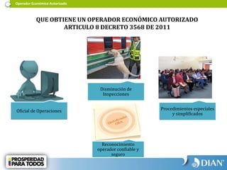 Operador Económico Autorizado
QUE OBTIENE UN OPERADOR ECONÓMICO AUTORIZADO
ARTICULO 8 DECRETO 3568 DE 2011
Oficial de Operaciones
Disminución de
Inspecciones
Procedimientos especiales
y simplificados
Reconocimiento
operador confiable y
seguro
 
