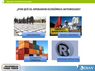 Operador Económico Autorizado
NARCOTRAFICO RIESGOS SANITARIOS
INCREMENTO
COMERCIAL
PROPIEDAD INTELECTUAL
¿POR QUÉ EL OPERADOR ECONÓMICO AUTORIZADO?
 