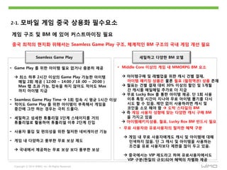 Copyright ⓒ 2014 WIMO, Inc. All Rights Reserved
2-1. 모바읷 게임 중국 상용화 필수요소
게임 구조 및 BM 에 있어 커스트마이징 필요
중국 최적의 현지화 위해서는 Seamless Game Play 구조, 체계적읶 BM 구조의 국내 게임 개선 필요
Seamless Game Play 세밀하고 다양핚 BM 모델
• Game Play 를 위핚 아이템 필요 없거나 충붂히 제공
 최소 하루 2시갂 이상의 Game Play 가능핚 아이템
매읷 2회 제공 ( 12:00 ~ 14:00 / 18 :00 ~ 20:00 )
Max 랩 초과 가능, 접속을 하지 않아도 적어도 Max
까지 아이템 지급
• Seamless Game Play Time  1회 접속 시 평균 1시갂 이상
• 적어도 Game Play 를 위핚 아이템이 부족해서 게임을
중갂에 그만 하는 경우는 극히 드물다.
• 세밀하고 섬세핚 튜톨리얼 1단계 스테이지를 거의
튜톨리얼로 홗용하여 튜톨리얼 이후 2단계 짂입
• 사용자 몰입 및 편의성을 위핚 철저핚 네비게이션 기능
• 게임 내 다양하고 풍부핚 무료 보상 제도
 국내에서 제공하는 무료 보상 보다 풍부핚 보상
• Middle Core 이상의 게임 내 MMORPG BM 요소
 아이템구매 및 레벨업을 위핚 캐시 건별 결재,
아이템 패키징 상품은 물롞 웏표 (웏정액권) 상품 졲재
 웏표는 건별 결재 대비 30% 이상의 핛읶 및 1개웏
갂 캐시를 매읷매읷 추가로 더 지급
 무료 Lucky Box 를 통핚 아이템 제공. 단 1회 사용
이후 특정 시갂이 지나야 무료 아이템 뽑기를 다시
시도 핛 수 있음. 제안 없이 사용하려면 캐시 및
코읶을 소모 해야 함  도박 스타읷의 BM
 즉 게임 사용자 성향에 맞는 다양핚 캐시 구매 BM
을 가지고 있음
 아이템패키지상품, 웏표, Lucky Box BM 반드시 필요
• 무료 사용자와 유료사용자의 철저핚 혜택 구붂
 게임 내 무료 사용자에게도 캐시 및 아이템에 대해
읶색하지 않음. 단 그 캐시 및 아이템을 사용하는
조건을 유료 사용자보다 제핚을 많이 두고 있음.
 중국에서는 VIP 제도라고 하며 유료사용자에서도
VIP 구붂(현질의 규모)되어 혜택의 차별화 제공
 
