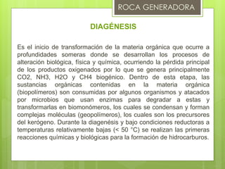DIAGÉNESIS
Es el inicio de transformación de la materia orgánica que ocurre a
profundidades someras donde se desarrollan los procesos de
alteración biológica, física y química, ocurriendo la pérdida principal
de los productos oxigenados por lo que se genera principalmente
CO2, NH3, H2O y CH4 biogénico. Dentro de esta etapa, las
sustancias orgánicas contenidas en la materia orgánica
(biopolímeros) son consumidas por algunos organismos y atacados
por microbios que usan enzimas para degradar a estas y
transformarlas en biomonómeros, los cuales se condensan y forman
complejas moléculas (geopolímeros), los cuales son los precursores
del kerógeno. Durante la diagenésis y bajo condiciones reductoras a
temperaturas relativamente bajas (< 50 °C) se realizan las primeras
reacciones químicas y biológicas para la formación de hidrocarburos.
 