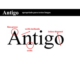 fino-grosso
serifa
ênfase diagonal
serifa inclinada
Antigo apropriado para textos longos
 