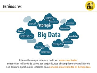 Internet hace que estemos cada vez más conectados:
se generan millones de datos por segundo, que si compilamos y analizamos
nos dan una oportunidad increíble para conocer al consumidor en tiempo real.
Estándares
 